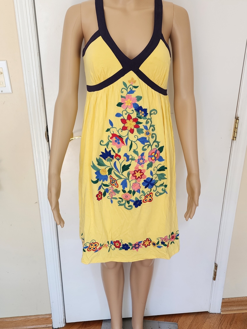 Yellow Embroidered V-Neck Midi Dress with Navy Trim